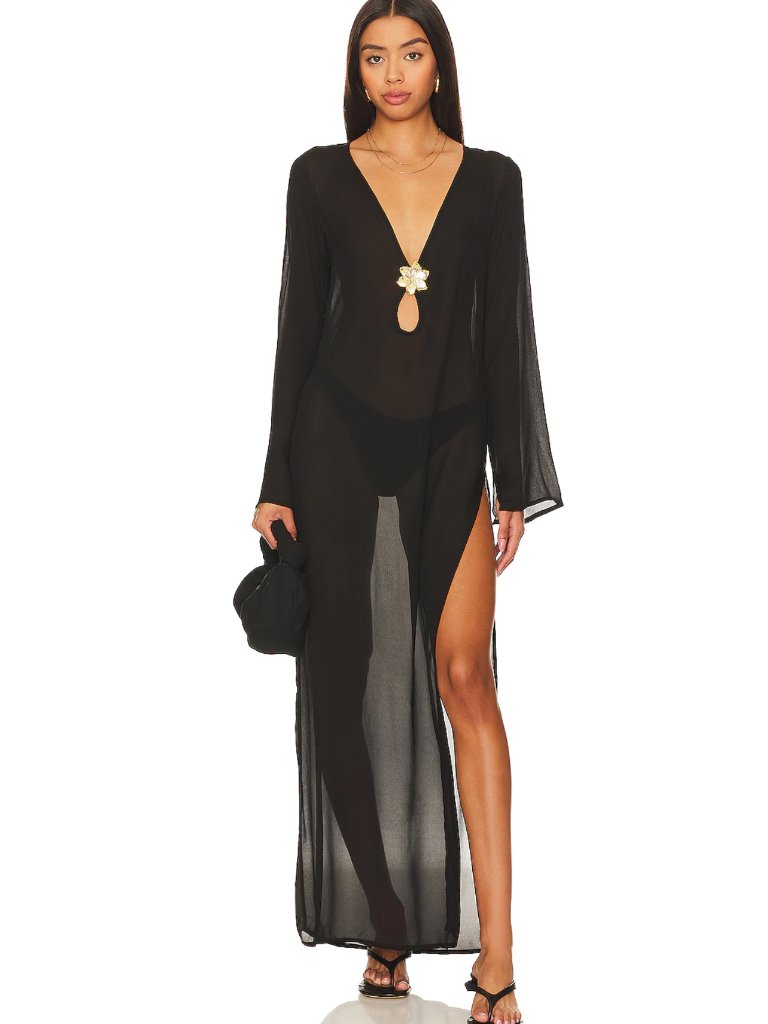 New Cin Cin Hotline Maxi Dress In Black Sheer Long Sleeve Swim Beach Coverup Xs